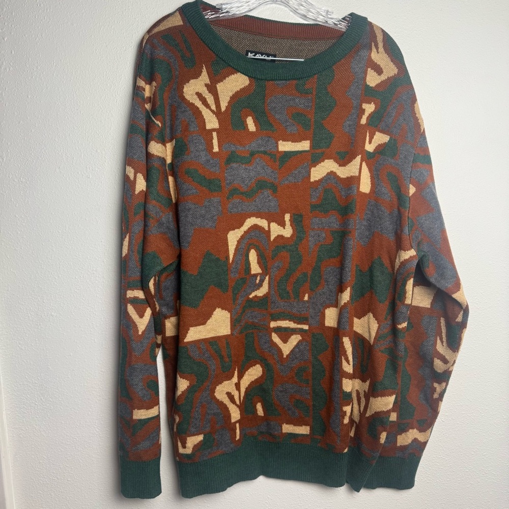 Kavu Men's‎ Abstract funky Green and Brown Crewneck Sweater